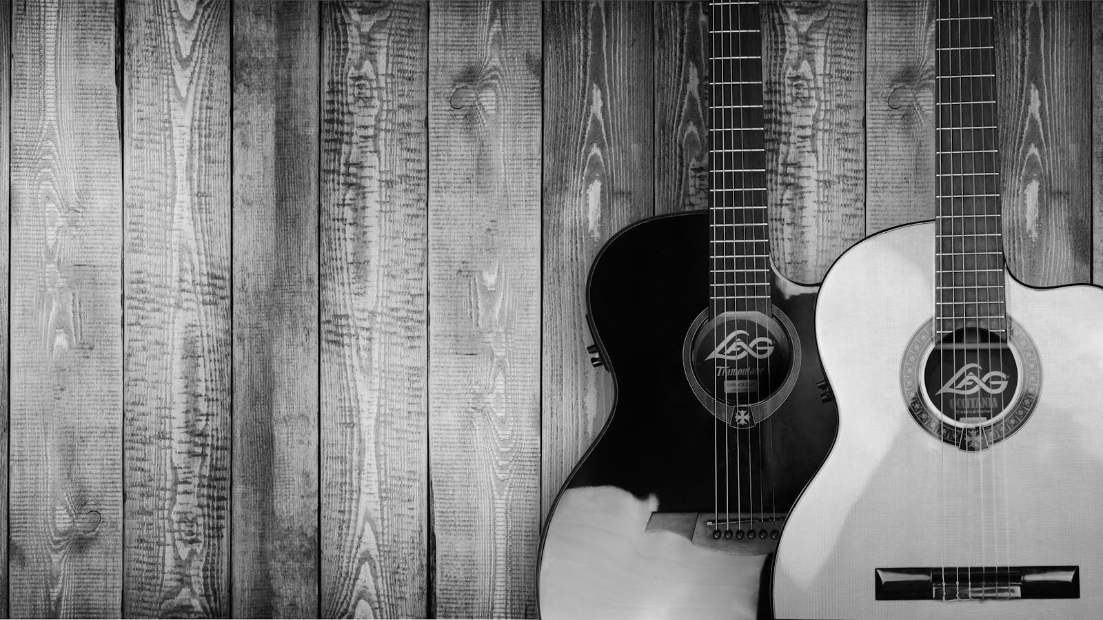 Two acoustic guitars in black and white against a textured wooden wall background.