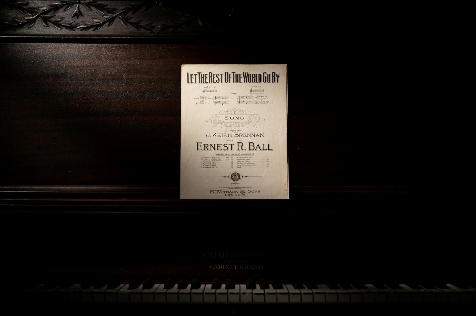 Antique sheet music on a vintage piano. Perfect for classic music lovers.